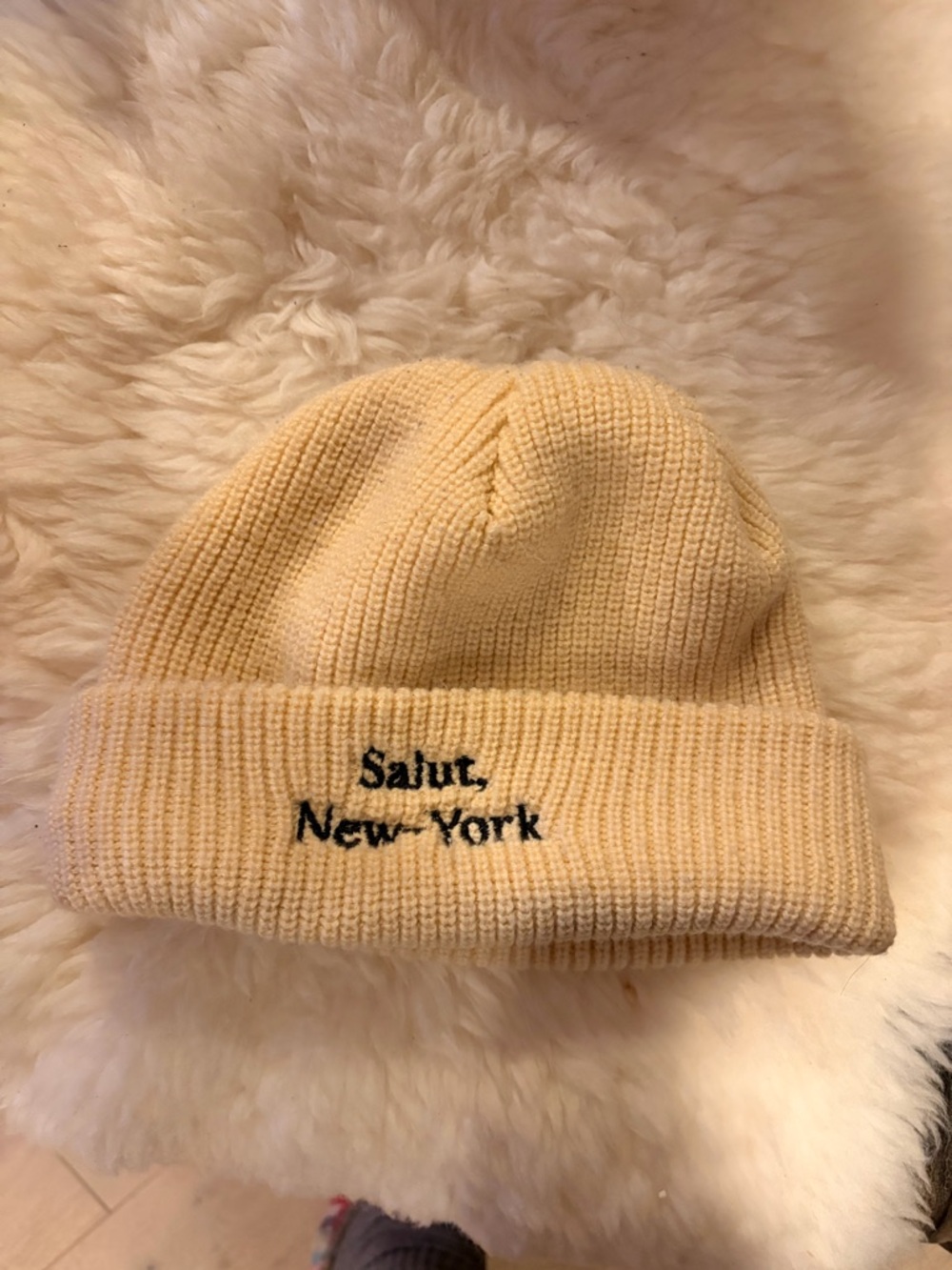 Salut New York Cream Ribbed Knit Beanie